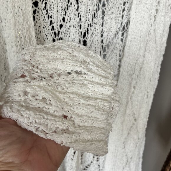POL White Open Knit Long Cardigan Medium Hippie Beachy Lightweight Boho Vibe - Picture 5 of 9